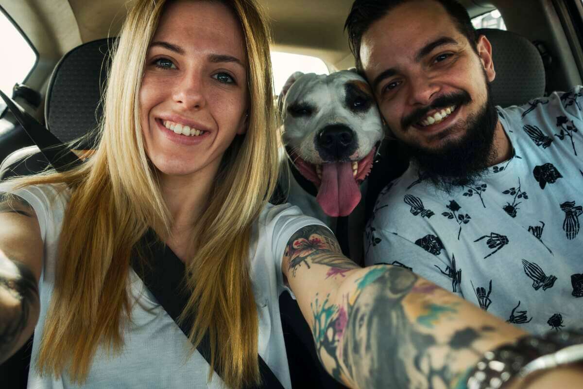 Couple in a car with dog in the backseat